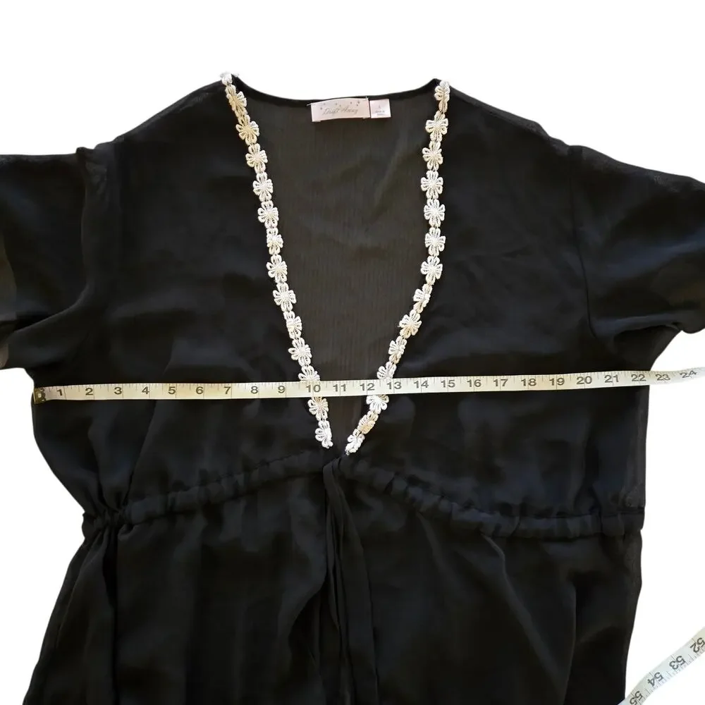 Fairycore Delicate Sheer Kimono Robe Topper Large Black Floral Detail Flowy